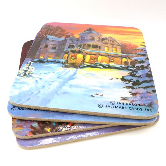Hallmark Jan Karon Christmas Coaster Set 4 Cork Backed Winter Village Scenes - Picture 2 of 9
